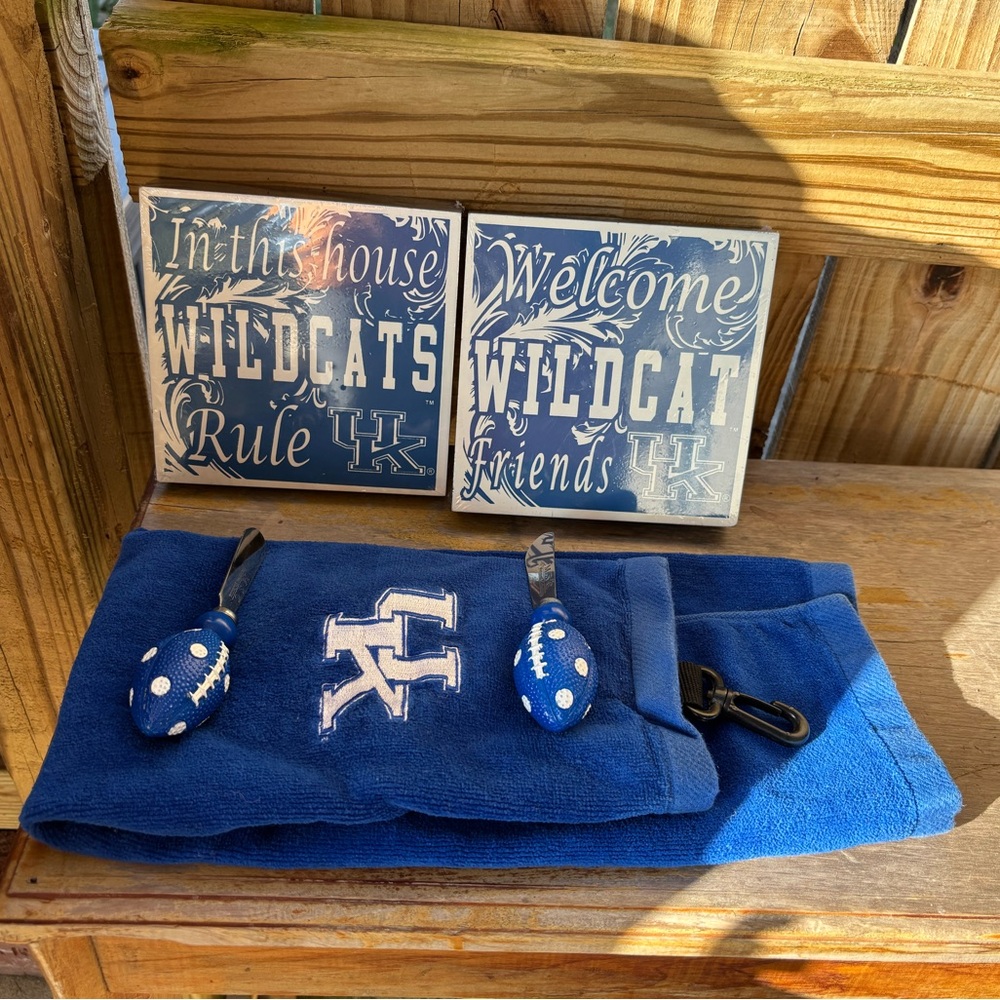 Two Kentucky Wildcat Signs by Hanna's Handiworks & 2 Football Spreaders & Towel